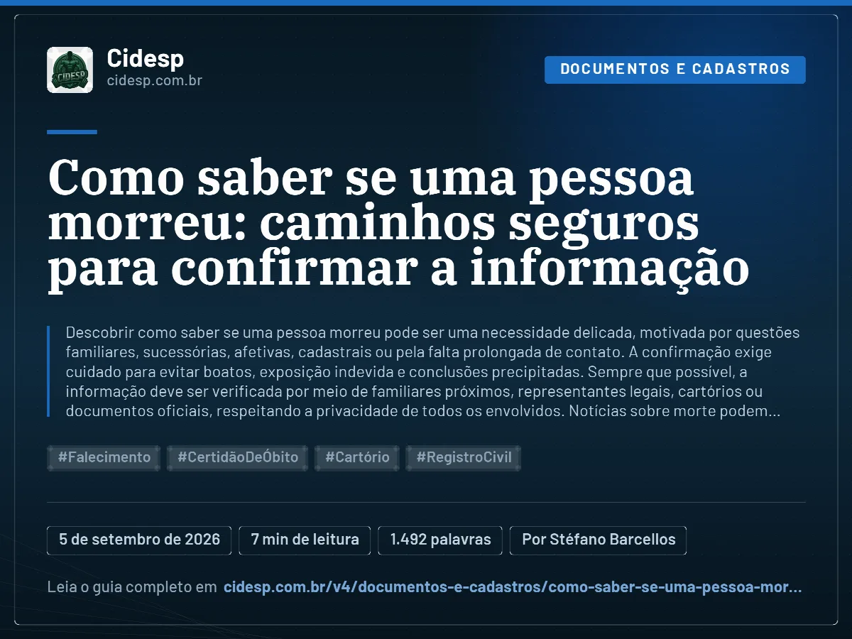 Cartão do artigo “Como saber se uma pessoa morreu: caminhos seguros para confirmar a informação”, com resumo, data de publicação e endereço da página.