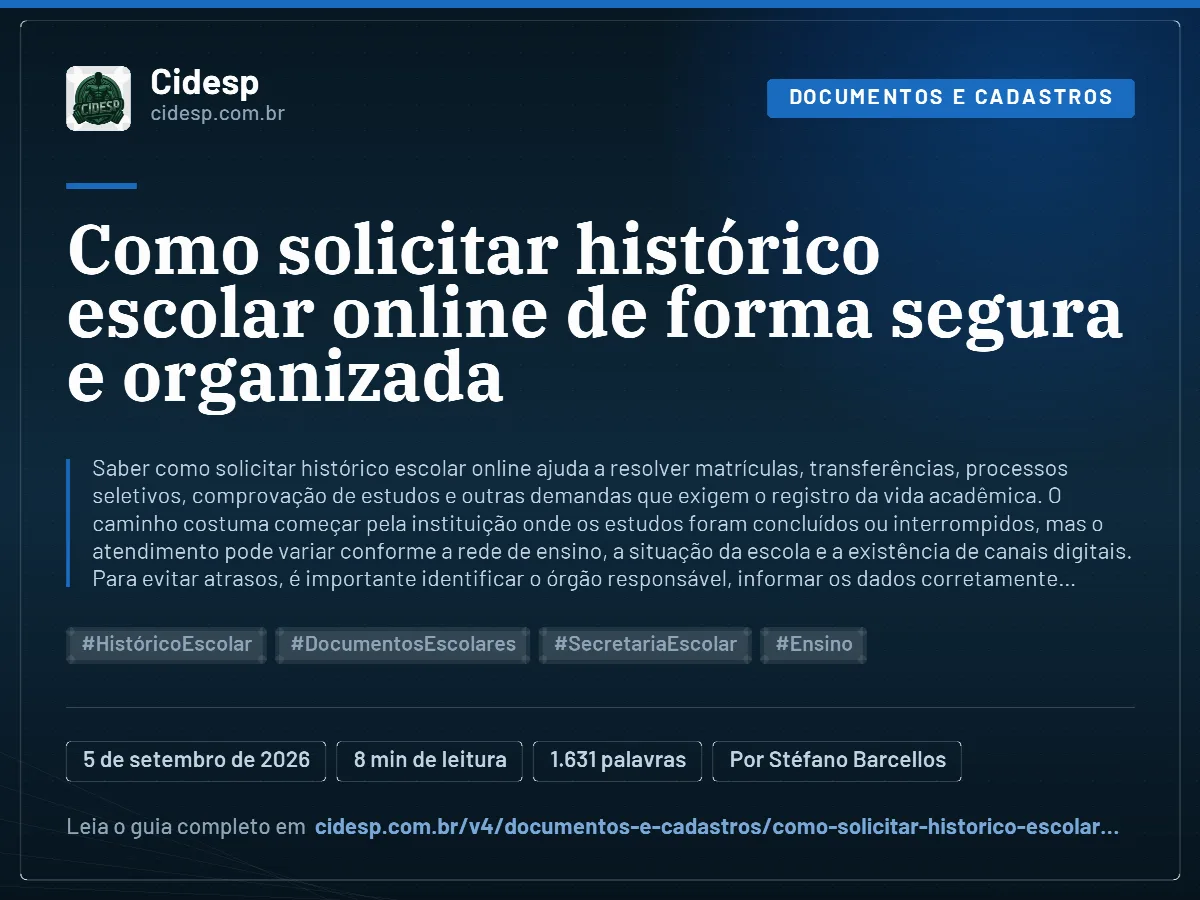 Cartão do artigo “Como solicitar histórico escolar online de forma segura e organizada”, com resumo, data de publicação e endereço da página.