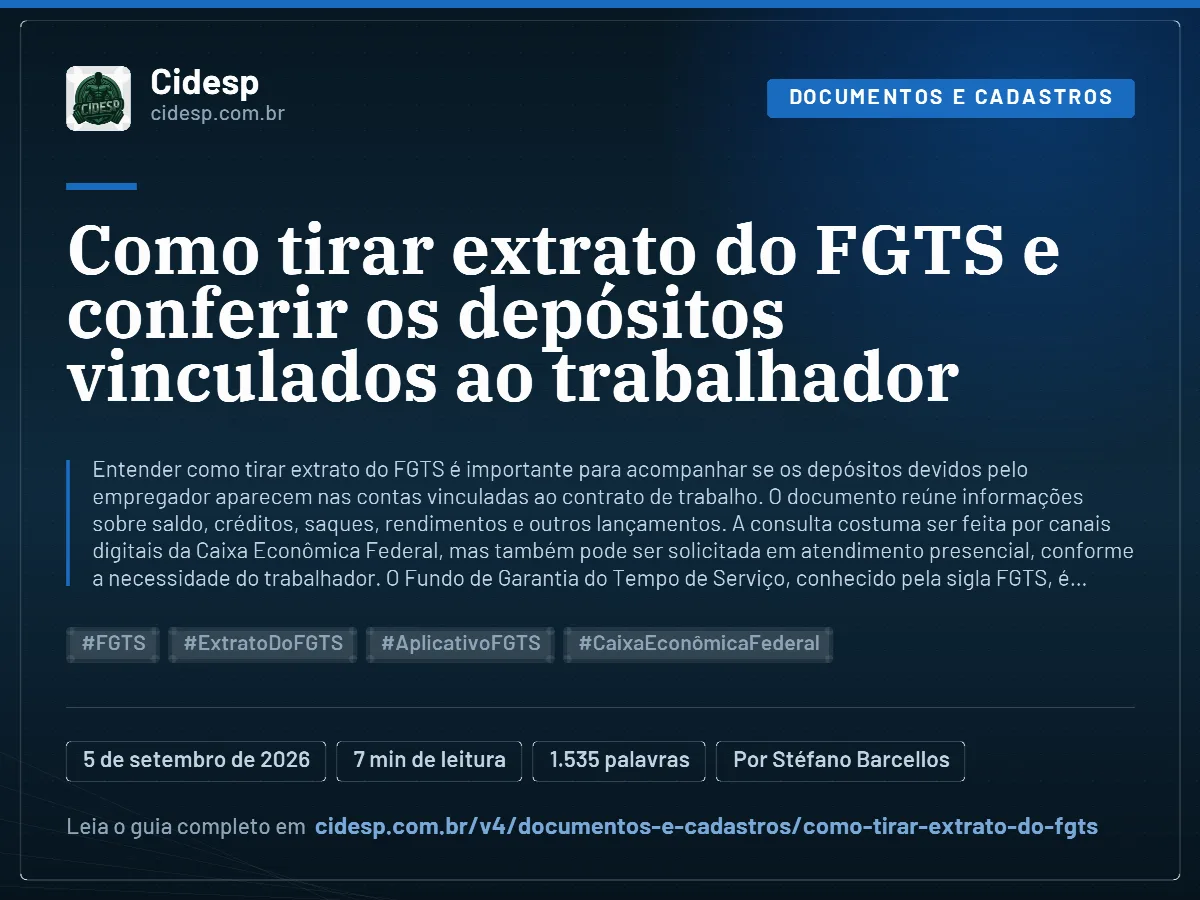 Cartão do artigo “Como tirar extrato do FGTS e conferir os depósitos vinculados ao trabalhador”, com resumo, data de publicação e endereço da página.