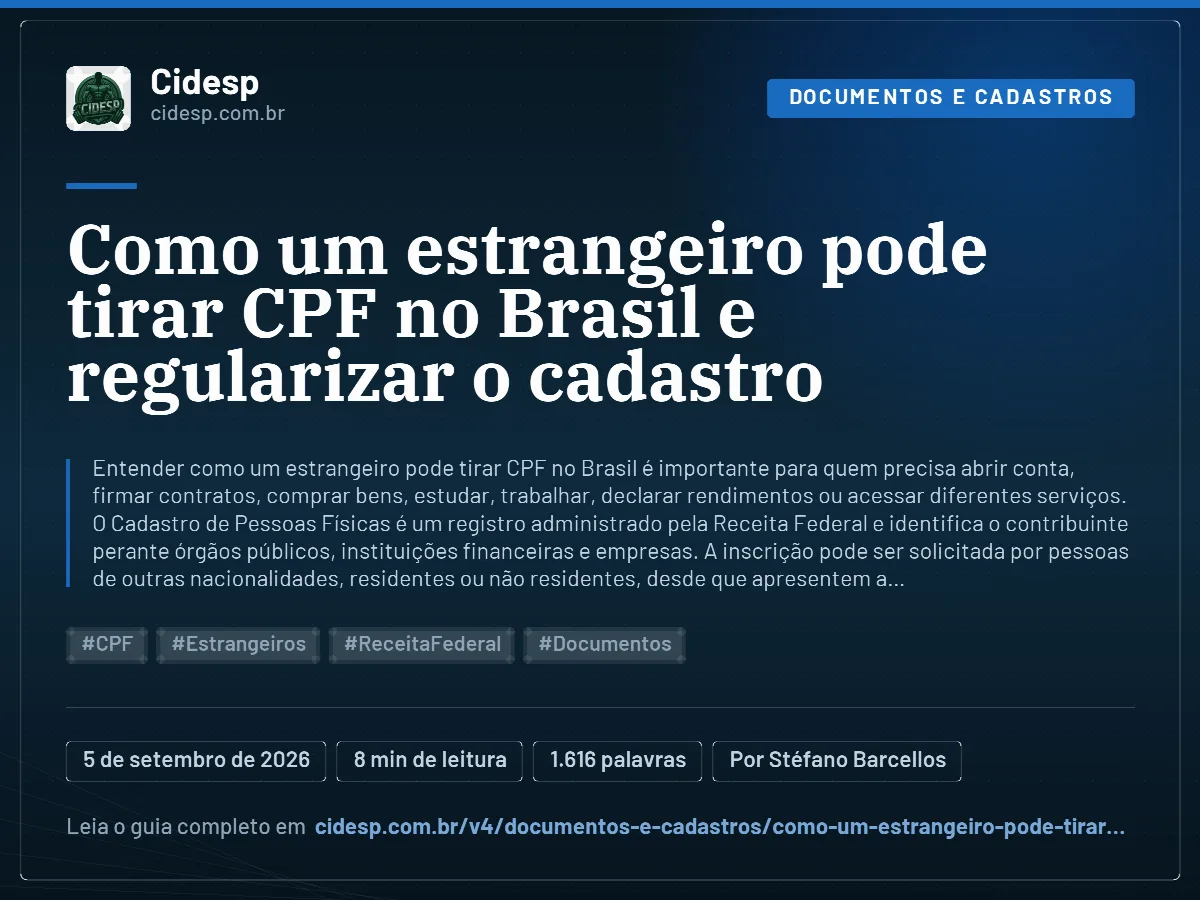 Cartão do artigo “Como um estrangeiro pode tirar CPF no Brasil e regularizar o cadastro”, com resumo, data de publicação e endereço da página.