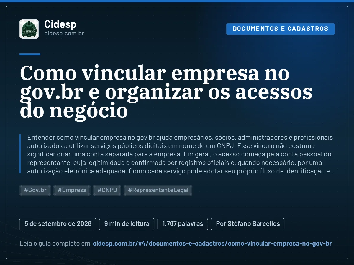 Cartão do artigo “Como vincular empresa no gov.br e organizar os acessos do negócio”, com resumo, data de publicação e endereço da página.