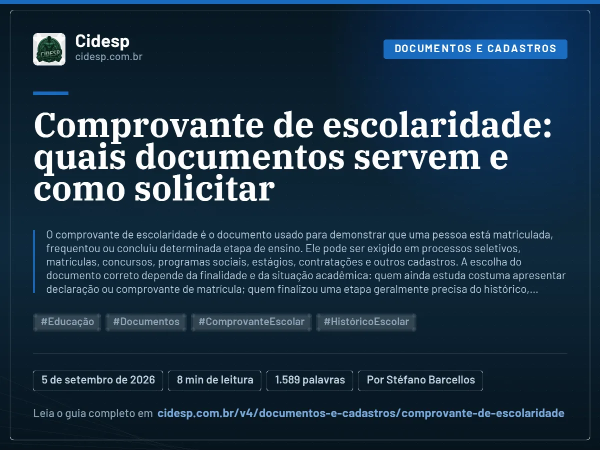 Cartão do artigo “Comprovante de escolaridade: quais documentos servem e como solicitar”, com resumo, data de publicação e endereço da página.