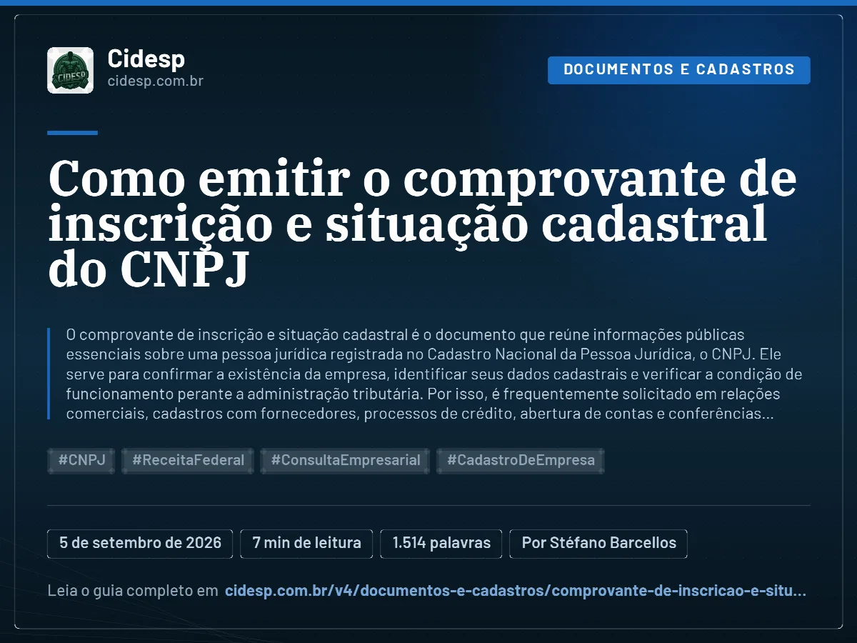 Cartão do artigo “Como emitir o comprovante de inscrição e situação cadastral do CNPJ”, com resumo, data de publicação e endereço da página.