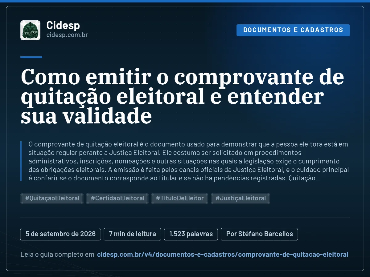 Cartão do artigo “Como emitir o comprovante de quitação eleitoral e entender sua validade”, com resumo, data de publicação e endereço da página.