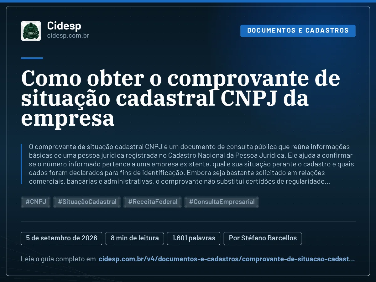 Cartão do artigo “Como obter o comprovante de situação cadastral CNPJ da empresa”, com resumo, data de publicação e endereço da página.