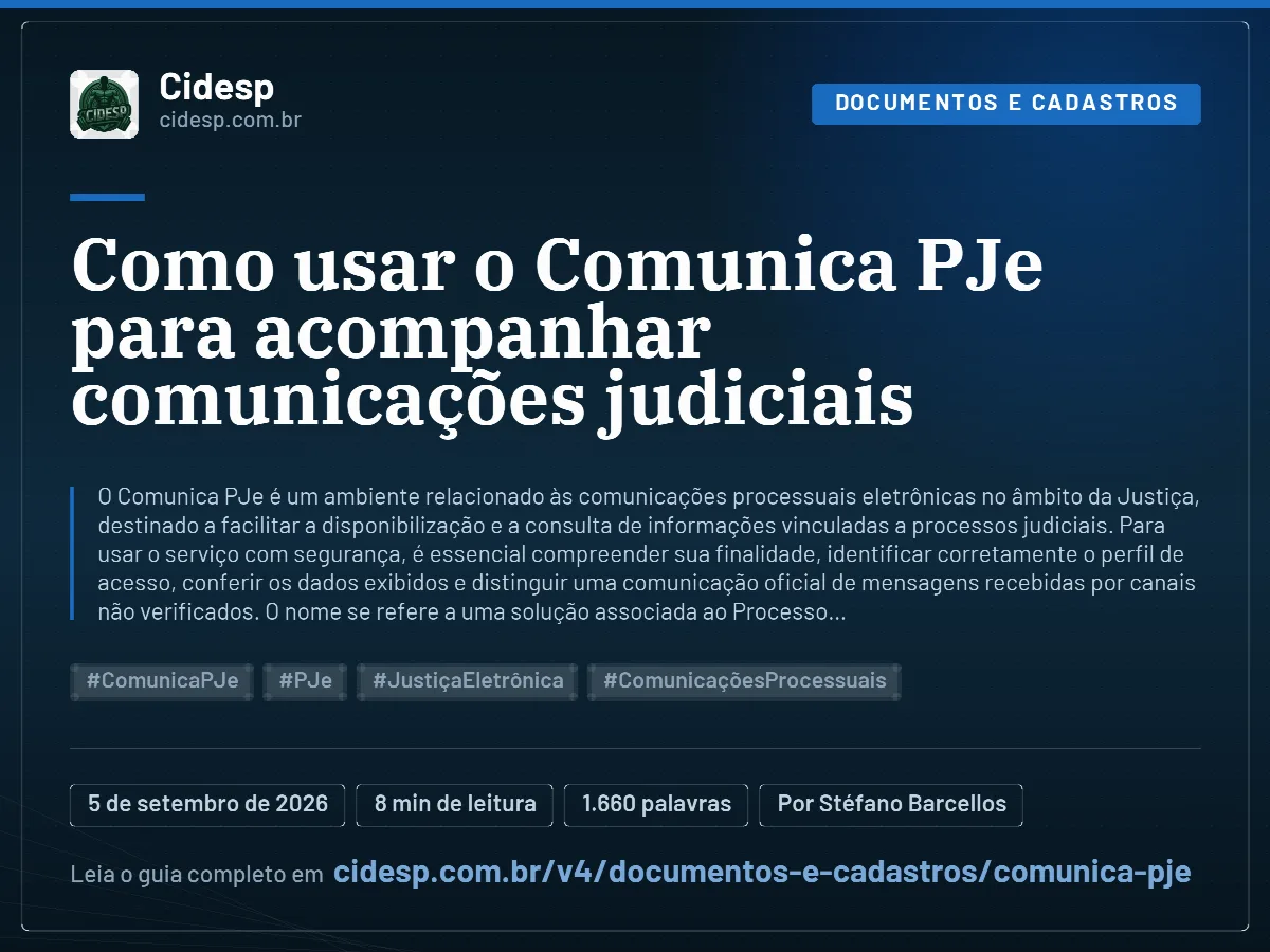 Cartão do artigo “Como usar o Comunica PJe para acompanhar comunicações judiciais”, com resumo, data de publicação e endereço da página.