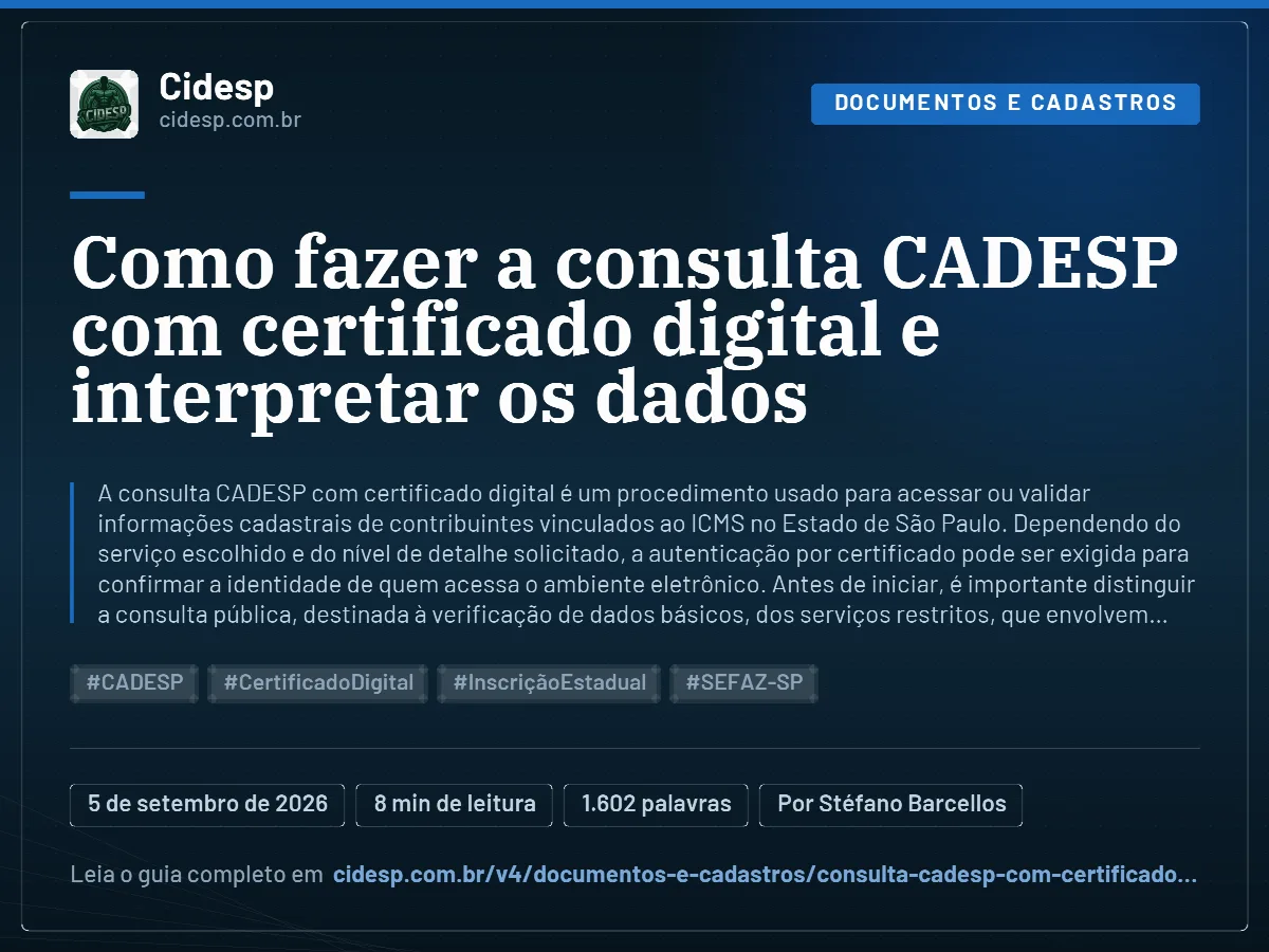 Cartão do artigo “Como fazer a consulta CADESP com certificado digital e interpretar os dados”, com resumo, data de publicação e endereço da página.
