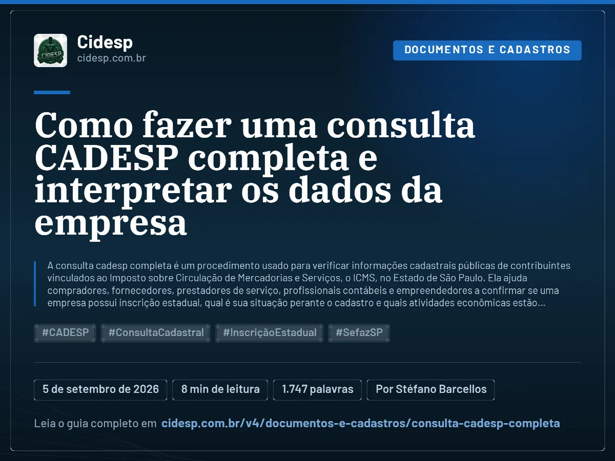 Cartão do artigo “Como fazer uma consulta CADESP completa e interpretar os dados da empresa”, com resumo, data de publicação e endereço da página.