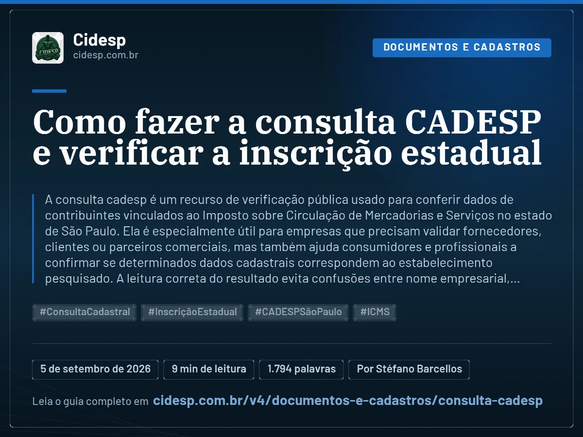 Cartão do artigo “Como fazer a consulta CADESP e verificar a inscrição estadual”, com resumo, data de publicação e endereço da página.
