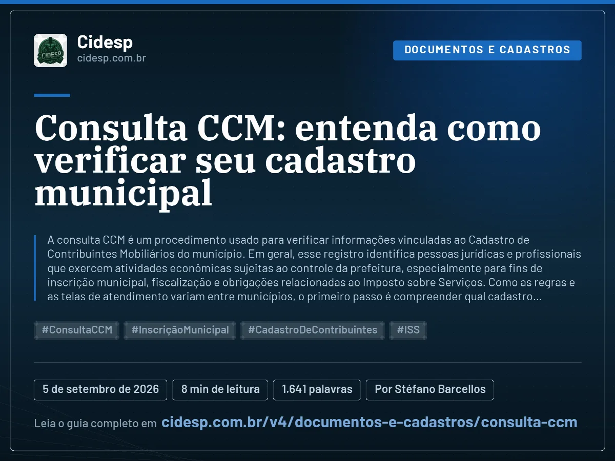 Cartão do artigo “Consulta CCM: entenda como verificar seu cadastro municipal”, com resumo, data de publicação e endereço da página.