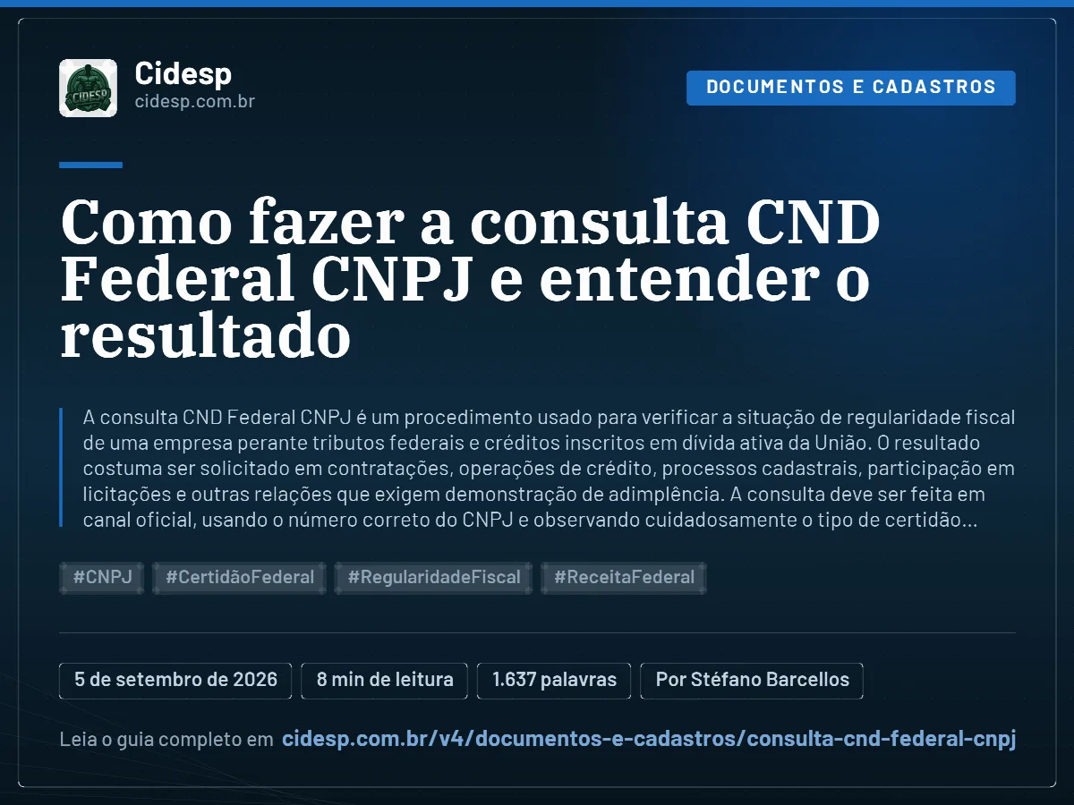 Cartão do artigo “Como fazer a consulta CND Federal CNPJ e entender o resultado”, com resumo, data de publicação e endereço da página.