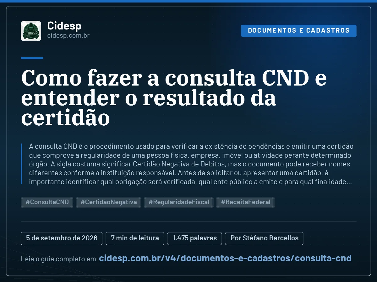 Cartão do artigo “Como fazer a consulta CND e entender o resultado da certidão”, com resumo, data de publicação e endereço da página.