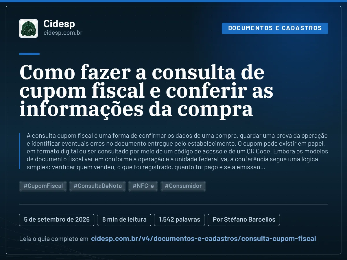 Cartão do artigo “Como fazer a consulta de cupom fiscal e conferir as informações da compra”, com resumo, data de publicação e endereço da página.