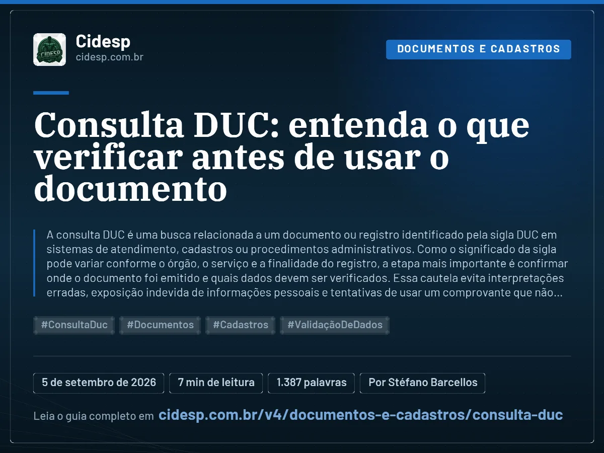 Cartão do artigo “Consulta DUC: entenda o que verificar antes de usar o documento”, com resumo, data de publicação e endereço da página.