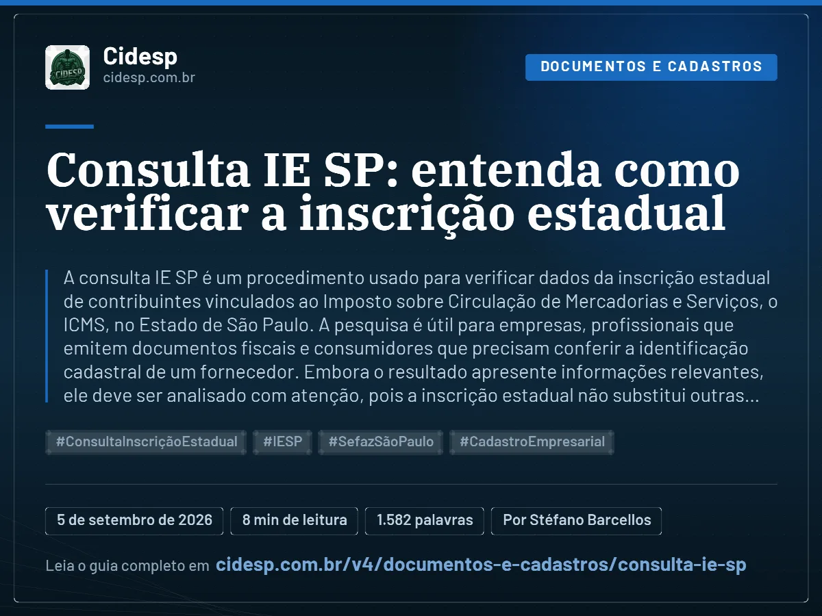 Cartão do artigo “Consulta IE SP: entenda como verificar a inscrição estadual”, com resumo, data de publicação e endereço da página.