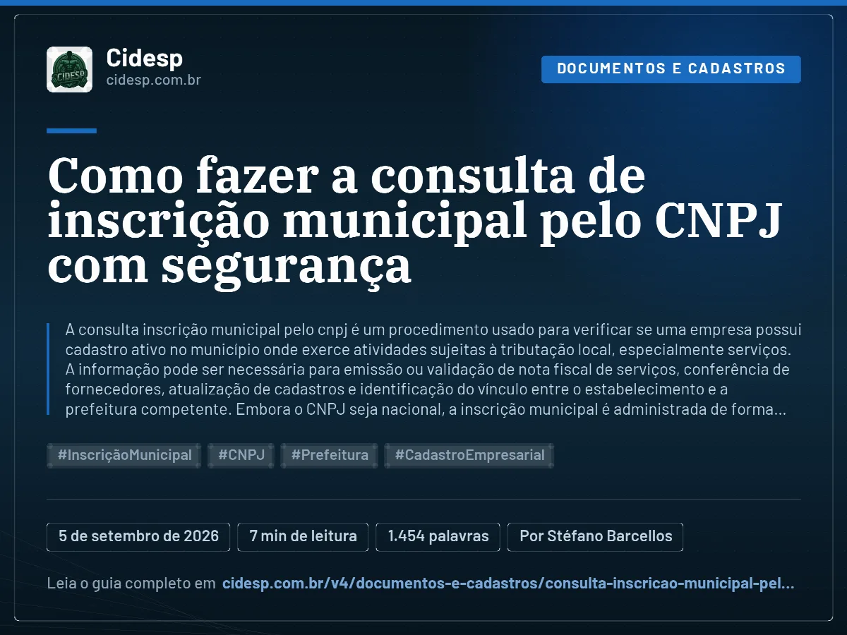 Cartão do artigo “Como fazer a consulta de inscrição municipal pelo CNPJ com segurança”, com resumo, data de publicação e endereço da página.