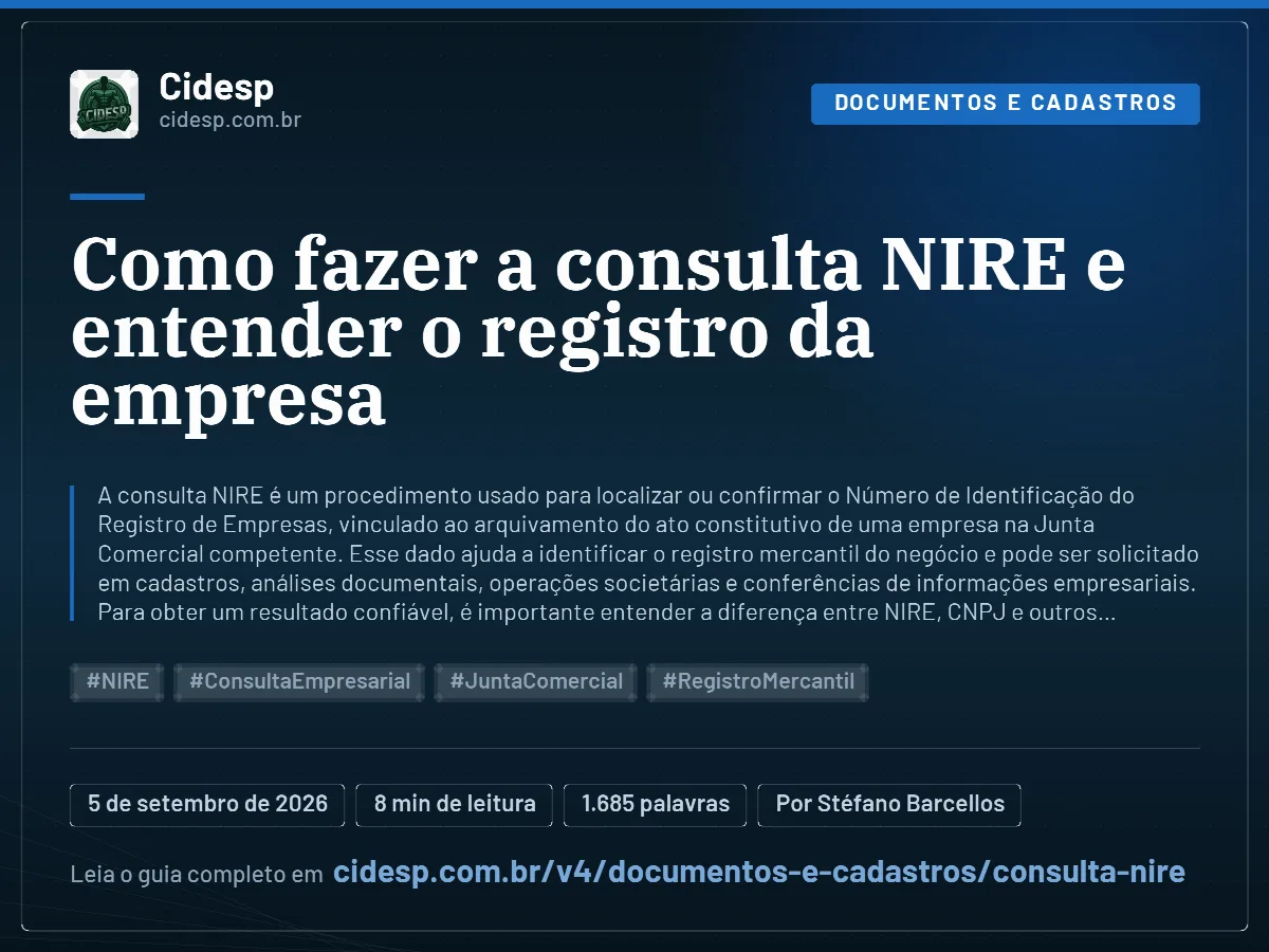 Cartão do artigo “Como fazer a consulta NIRE e entender o registro da empresa”, com resumo, data de publicação e endereço da página.