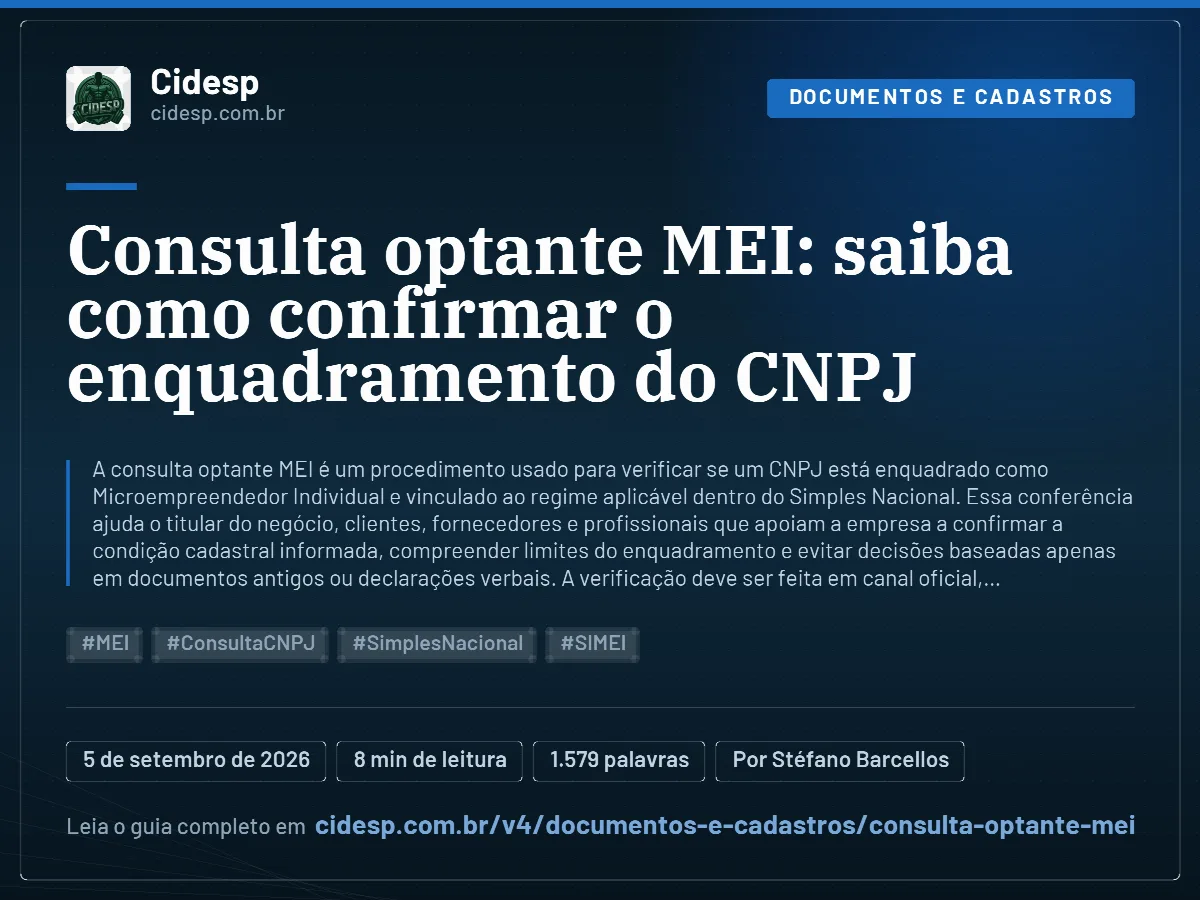 Cartão do artigo “Consulta optante MEI: saiba como confirmar o enquadramento do CNPJ”, com resumo, data de publicação e endereço da página.