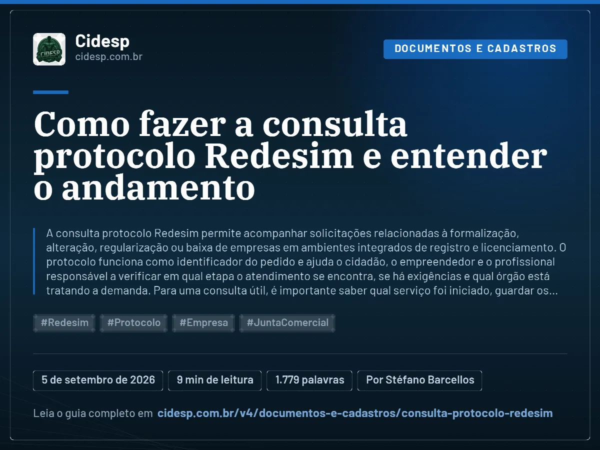 Cartão do artigo “Como fazer a consulta protocolo Redesim e entender o andamento”, com resumo, data de publicação e endereço da página.