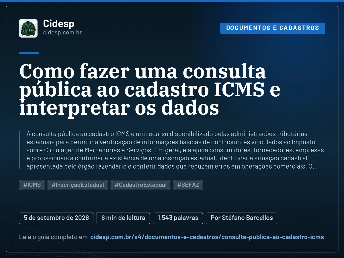 Cartão do artigo “Como fazer uma consulta pública ao cadastro ICMS e interpretar os dados”, com resumo, data de publicação e endereço da página.