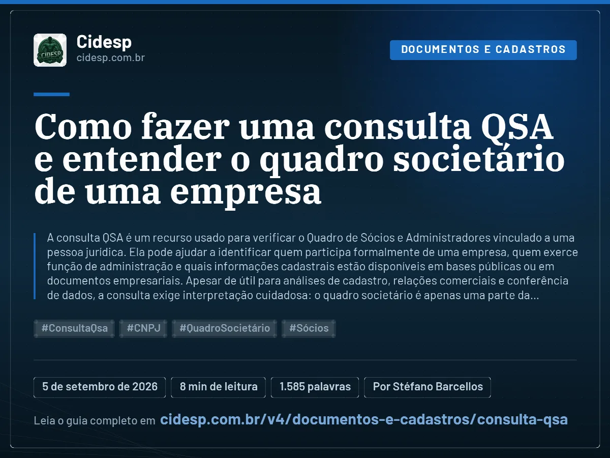 Cartão do artigo “Como fazer uma consulta QSA e entender o quadro societário de uma empresa”, com resumo, data de publicação e endereço da página.