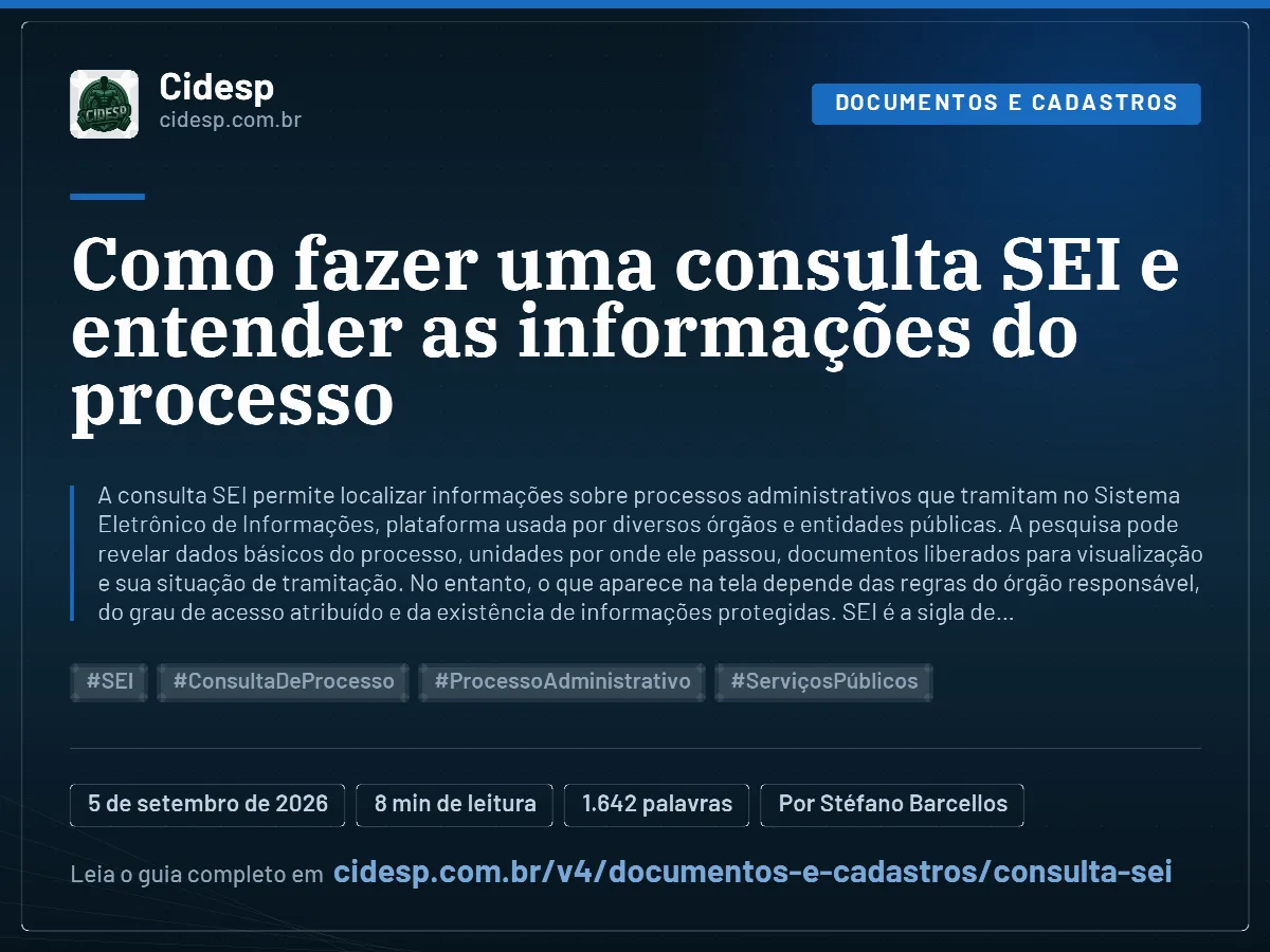 Cartão do artigo “Como fazer uma consulta SEI e entender as informações do processo”, com resumo, data de publicação e endereço da página.