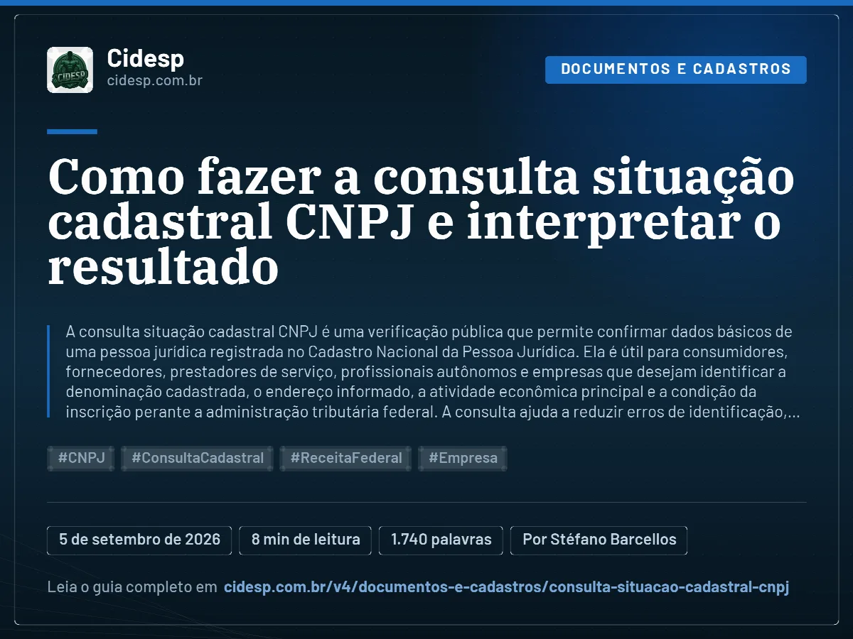 Cartão do artigo “Como fazer a consulta situação cadastral CNPJ e interpretar o resultado”, com resumo, data de publicação e endereço da página.
