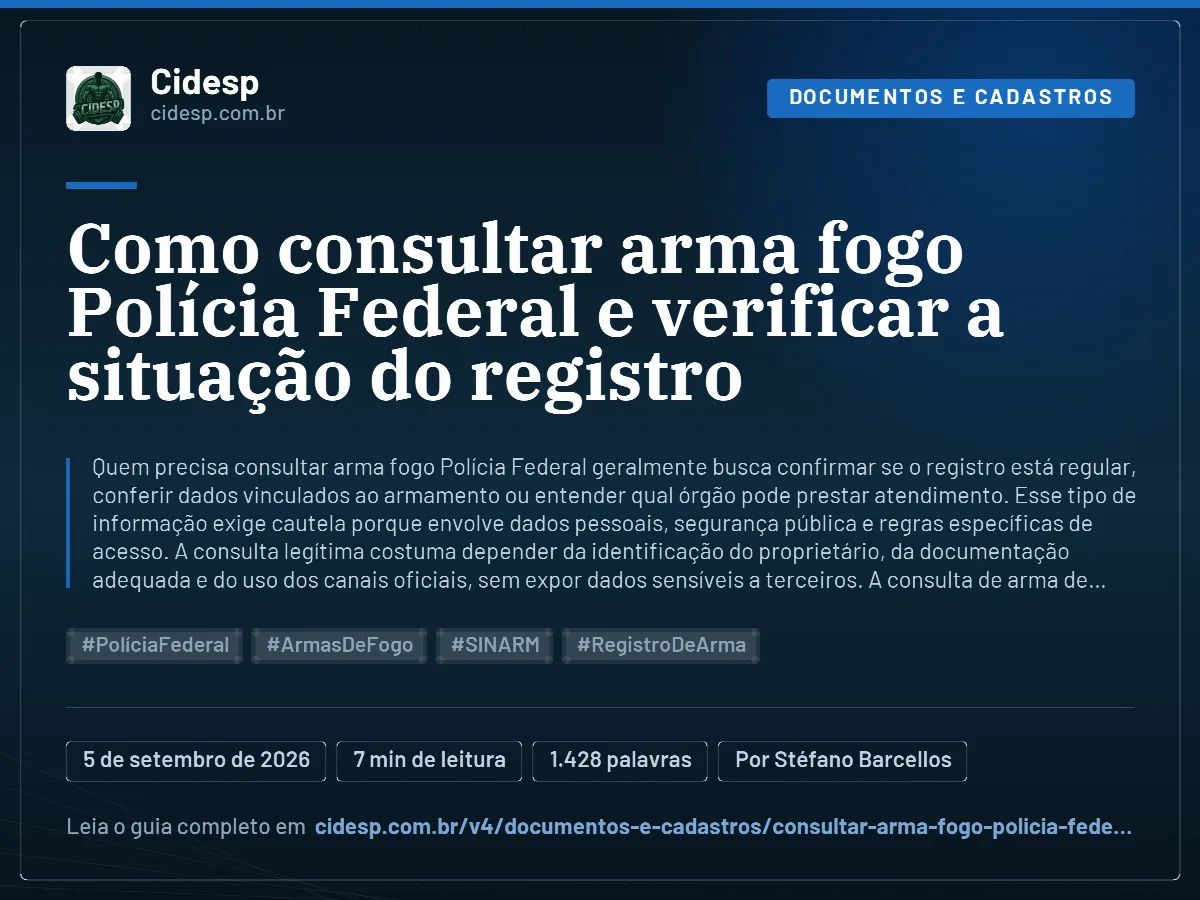 Cartão do artigo “Como consultar arma fogo Polícia Federal e verificar a situação do registro”, com resumo, data de publicação e endereço da página.