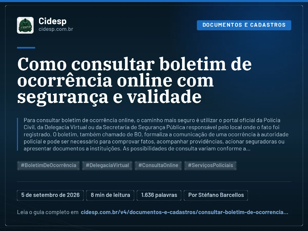 Cartão do artigo “Como consultar boletim de ocorrência online com segurança e validade”, com resumo, data de publicação e endereço da página.