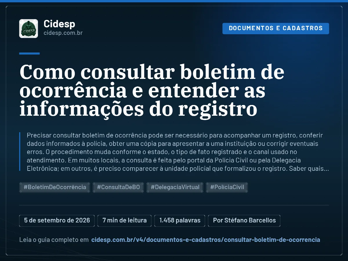 Cartão do artigo “Como consultar boletim de ocorrência e entender as informações do registro”, com resumo, data de publicação e endereço da página.