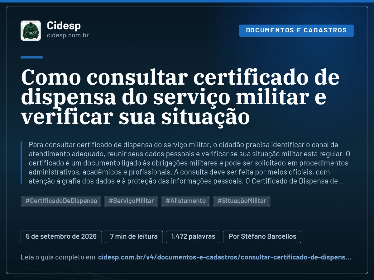 Cartão do artigo “Como consultar certificado de dispensa do serviço militar e verificar sua situação”, com resumo, data de publicação e endereço da página.