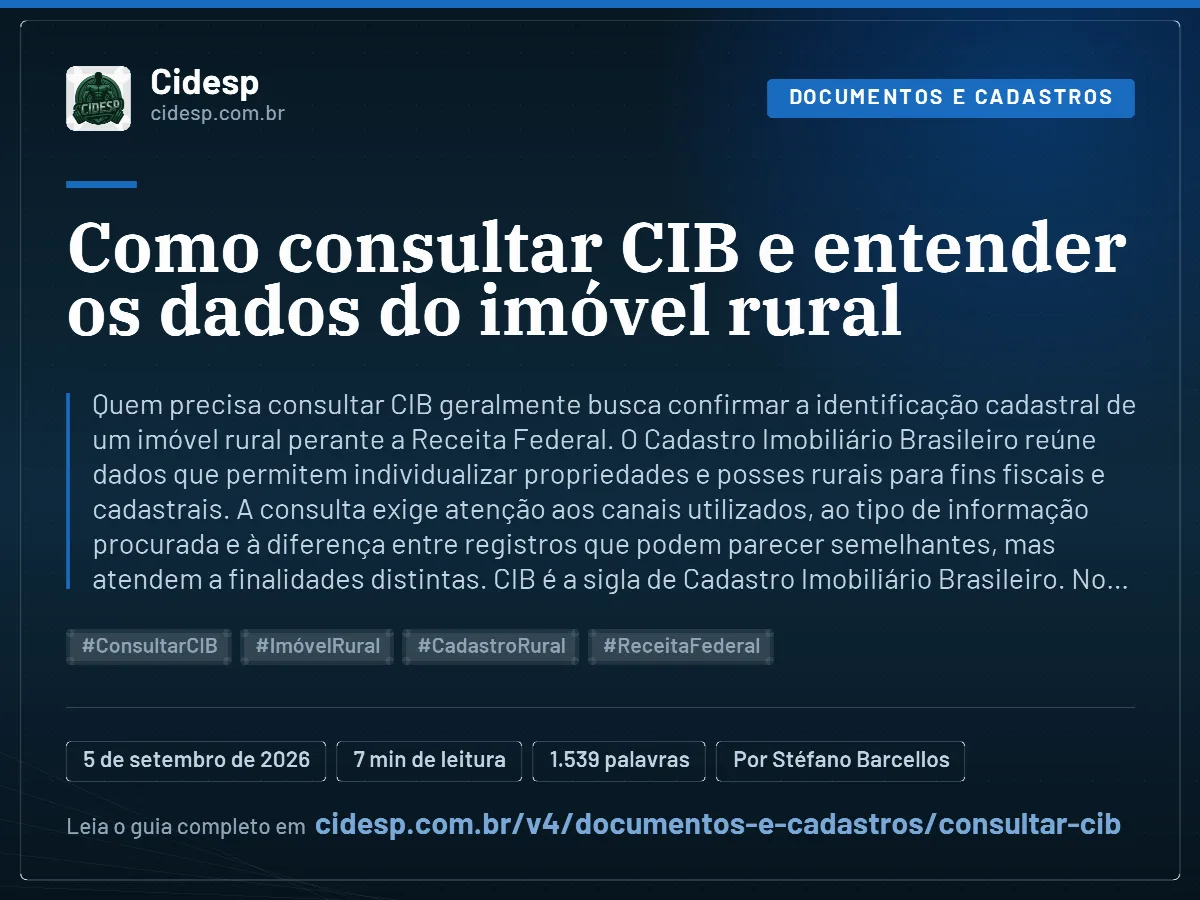 Cartão do artigo “Como consultar CIB e entender os dados do imóvel rural”, com resumo, data de publicação e endereço da página.