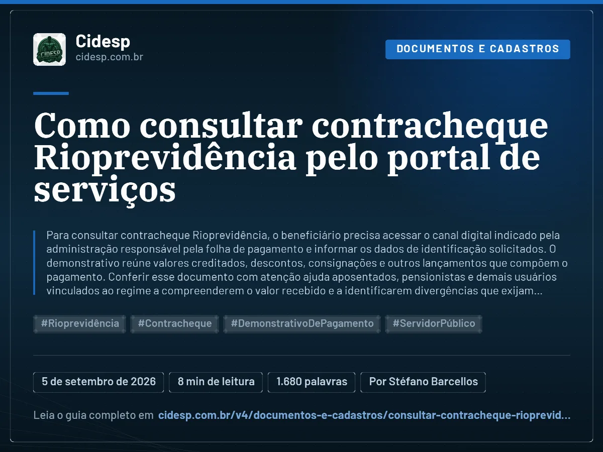 Cartão do artigo “Como consultar contracheque Rioprevidência pelo portal de serviços”, com resumo, data de publicação e endereço da página.