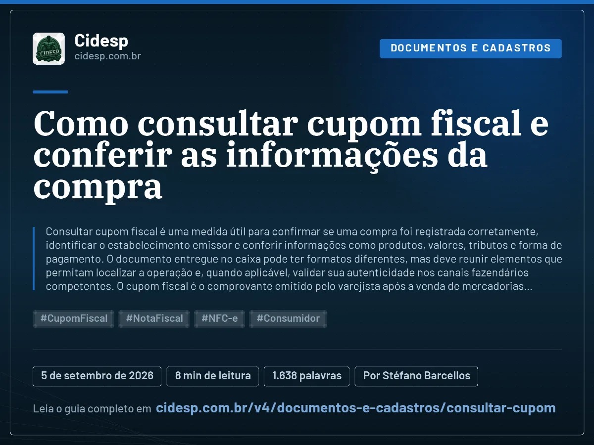 Cartão do artigo “Como consultar cupom fiscal e conferir as informações da compra”, com resumo, data de publicação e endereço da página.