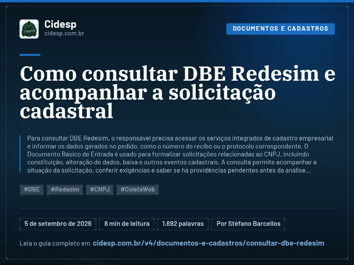 Cartão do artigo “Como consultar DBE Redesim e acompanhar a solicitação cadastral”, com resumo, data de publicação e endereço da página.