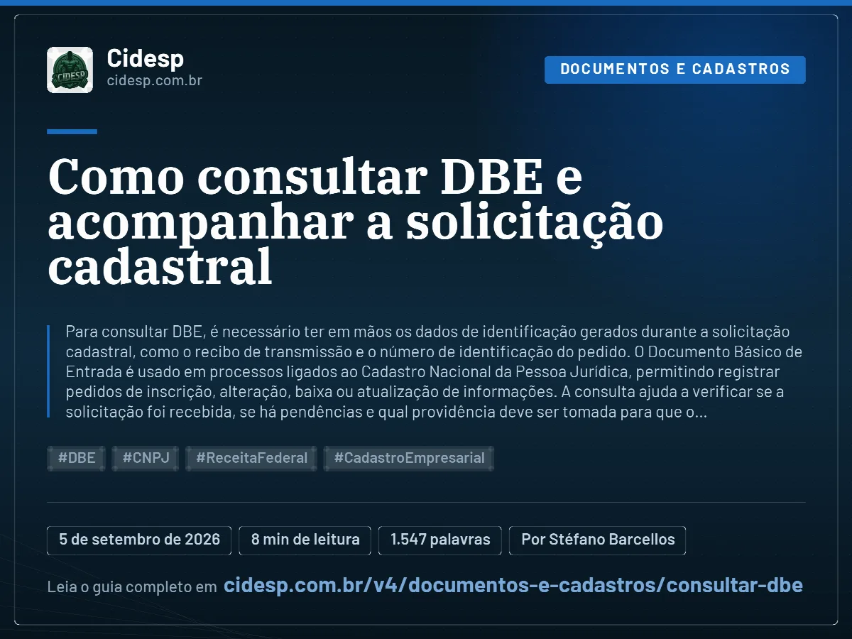 Cartão do artigo “Como consultar DBE e acompanhar a solicitação cadastral”, com resumo, data de publicação e endereço da página.