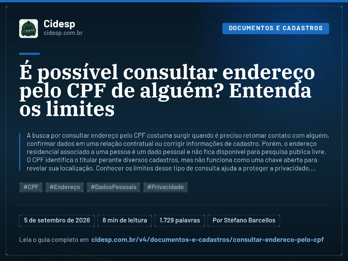 Cartão do artigo “É possível consultar endereço pelo CPF de alguém? Entenda os limites”, com resumo, data de publicação e endereço da página.