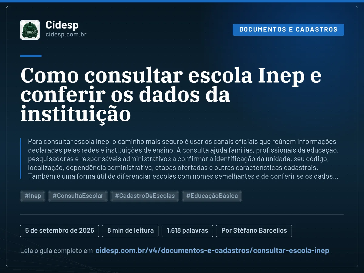 Cartão do artigo “Como consultar escola Inep e conferir os dados da instituição”, com resumo, data de publicação e endereço da página.