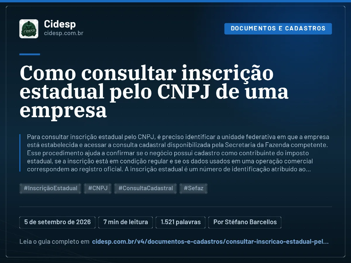 Cartão do artigo “Como consultar inscrição estadual pelo CNPJ de uma empresa”, com resumo, data de publicação e endereço da página.