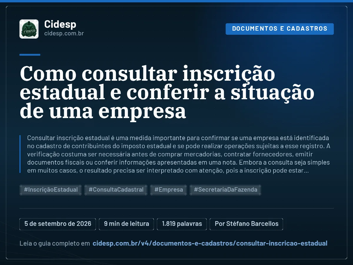 Cartão do artigo “Como consultar inscrição estadual e conferir a situação de uma empresa”, com resumo, data de publicação e endereço da página.