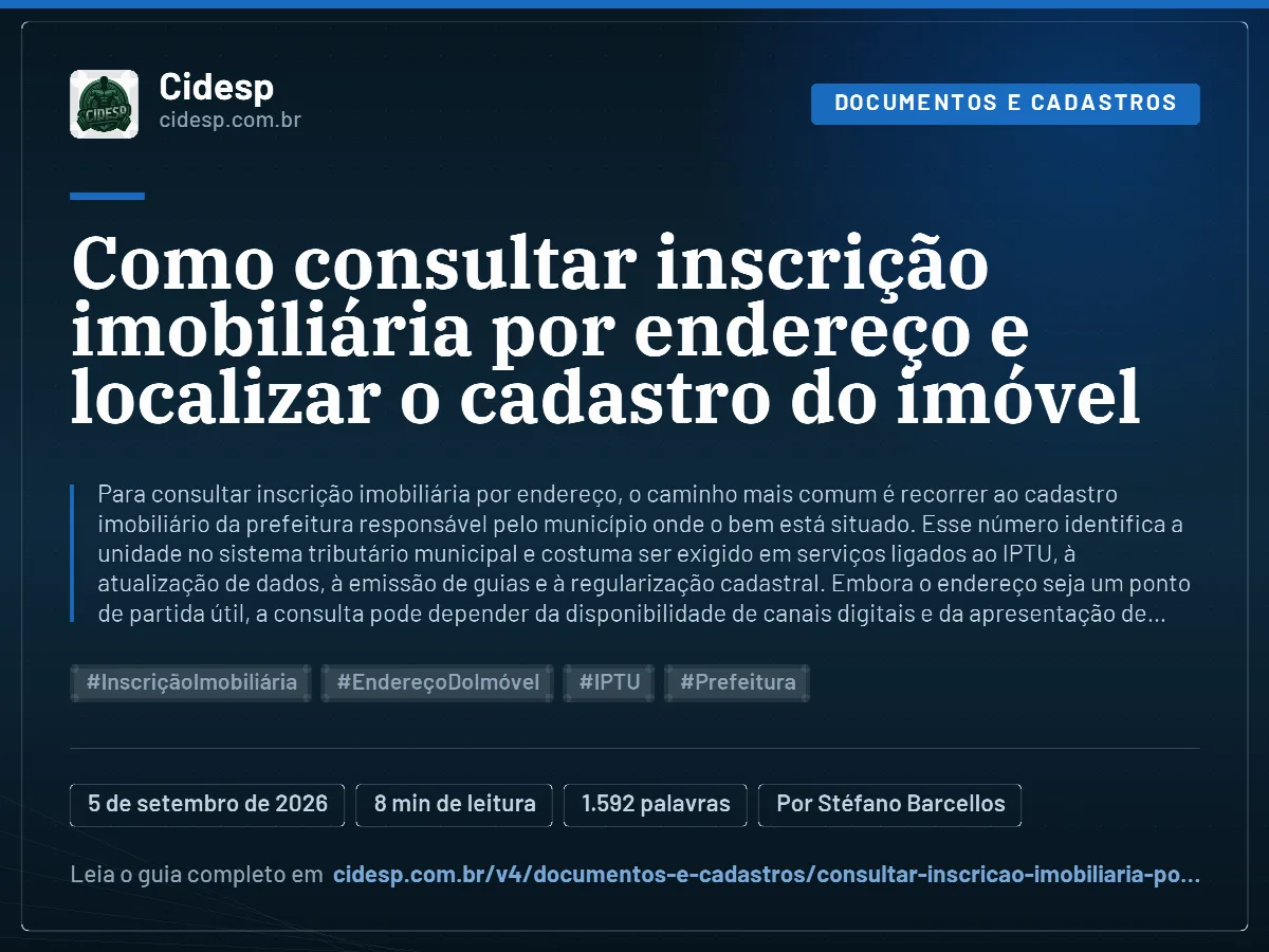 Cartão do artigo “Como consultar inscrição imobiliária por endereço e localizar o cadastro do imóvel”, com resumo, data de publicação e endereço da página.