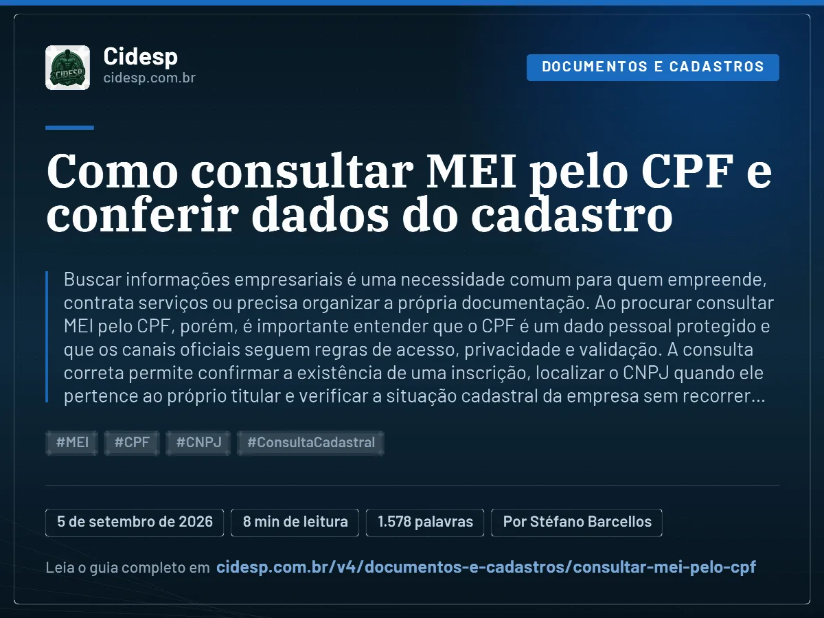 Cartão do artigo “Como consultar MEI pelo CPF e conferir dados do cadastro”, com resumo, data de publicação e endereço da página.