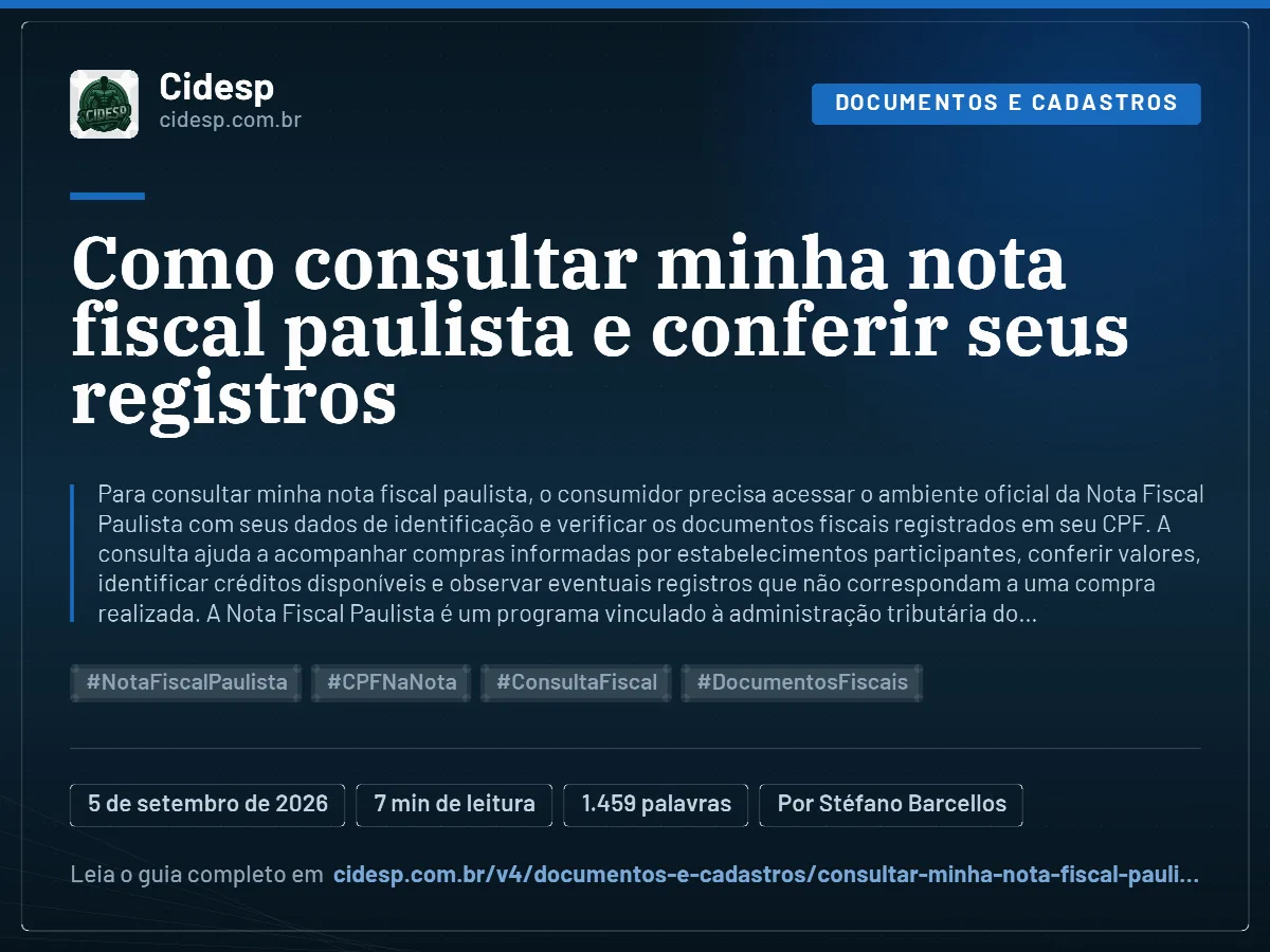 Cartão do artigo “Como consultar minha nota fiscal paulista e conferir seus registros”, com resumo, data de publicação e endereço da página.