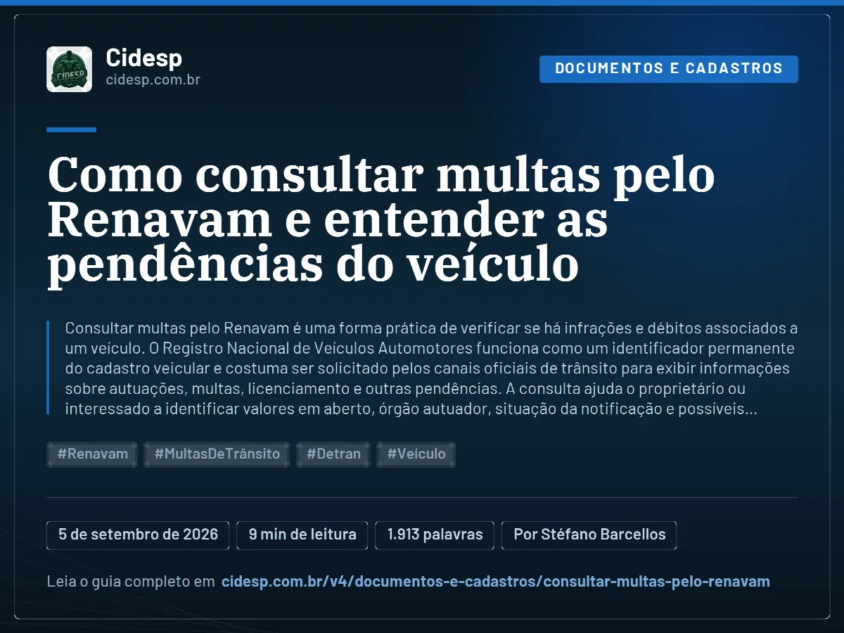 Cartão do artigo “Como consultar multas pelo Renavam e entender as pendências do veículo”, com resumo, data de publicação e endereço da página.