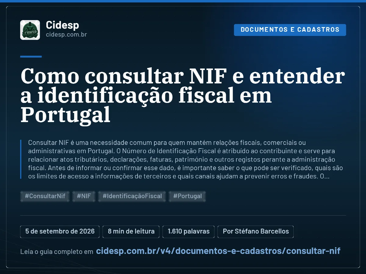 Cartão do artigo “Como consultar NIF e entender a identificação fiscal em Portugal”, com resumo, data de publicação e endereço da página.