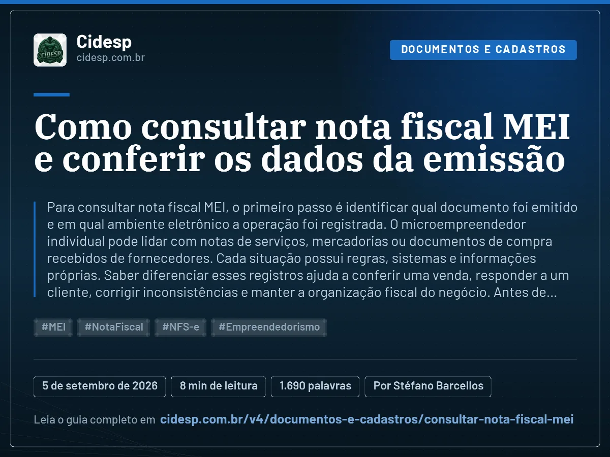 Cartão do artigo “Como consultar nota fiscal MEI e conferir os dados da emissão”, com resumo, data de publicação e endereço da página.
