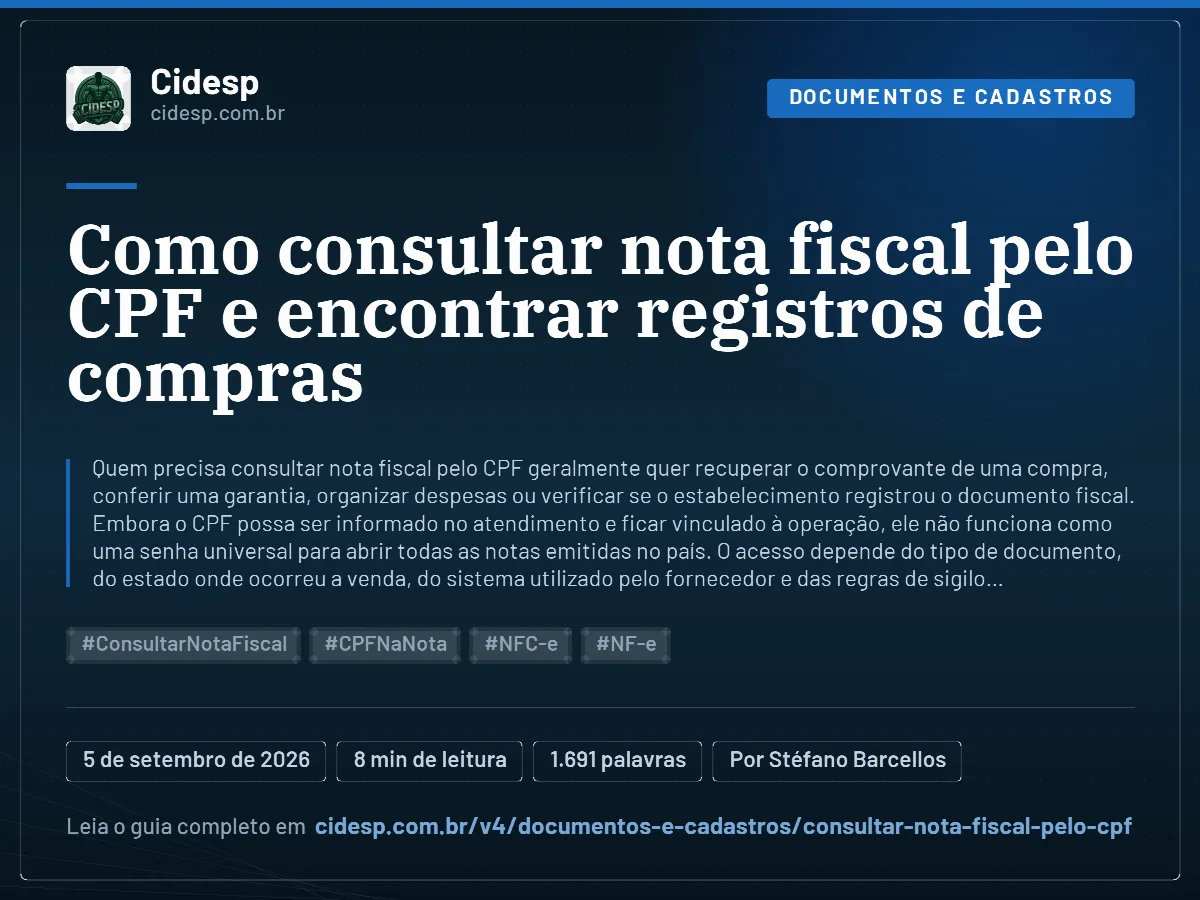 Cartão do artigo “Como consultar nota fiscal pelo CPF e encontrar registros de compras”, com resumo, data de publicação e endereço da página.