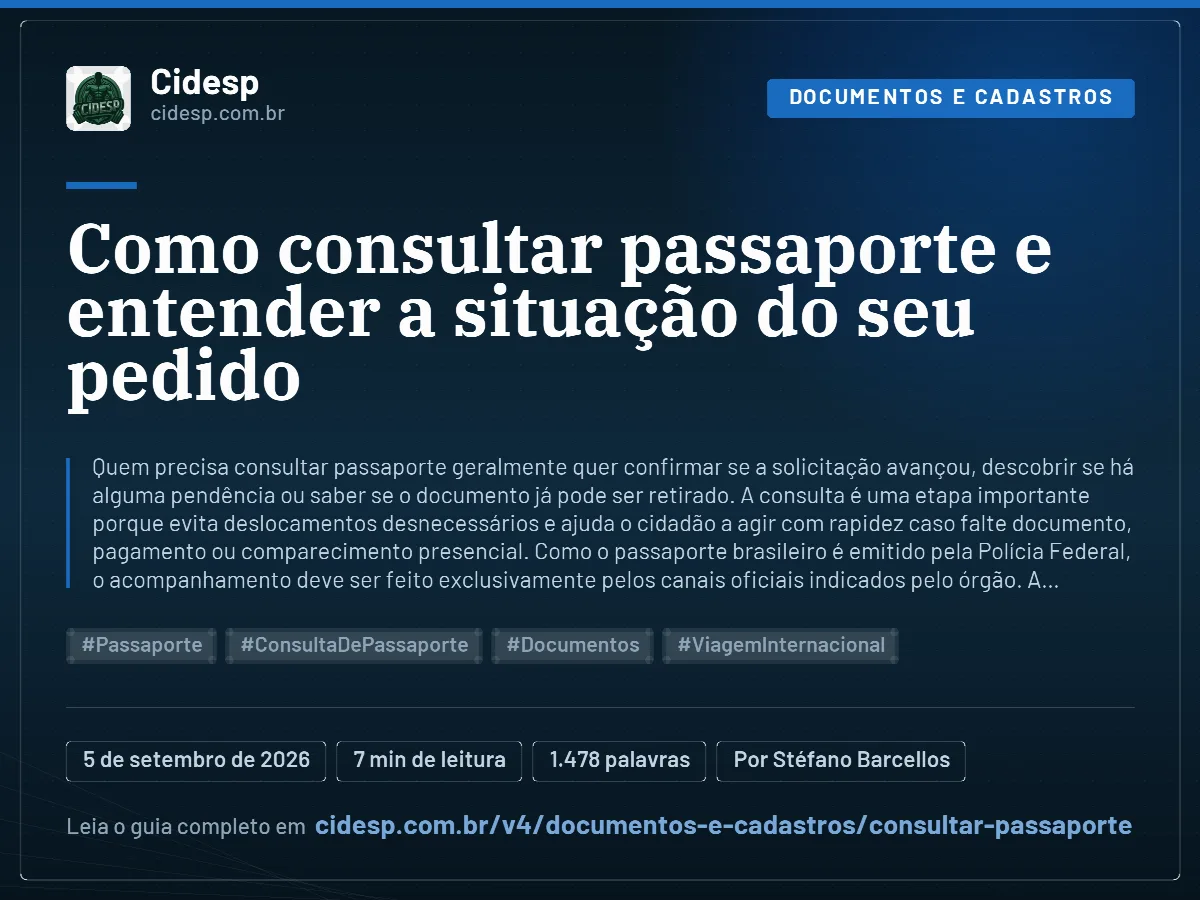 Cartão do artigo “Como consultar passaporte e entender a situação do seu pedido”, com resumo, data de publicação e endereço da página.
