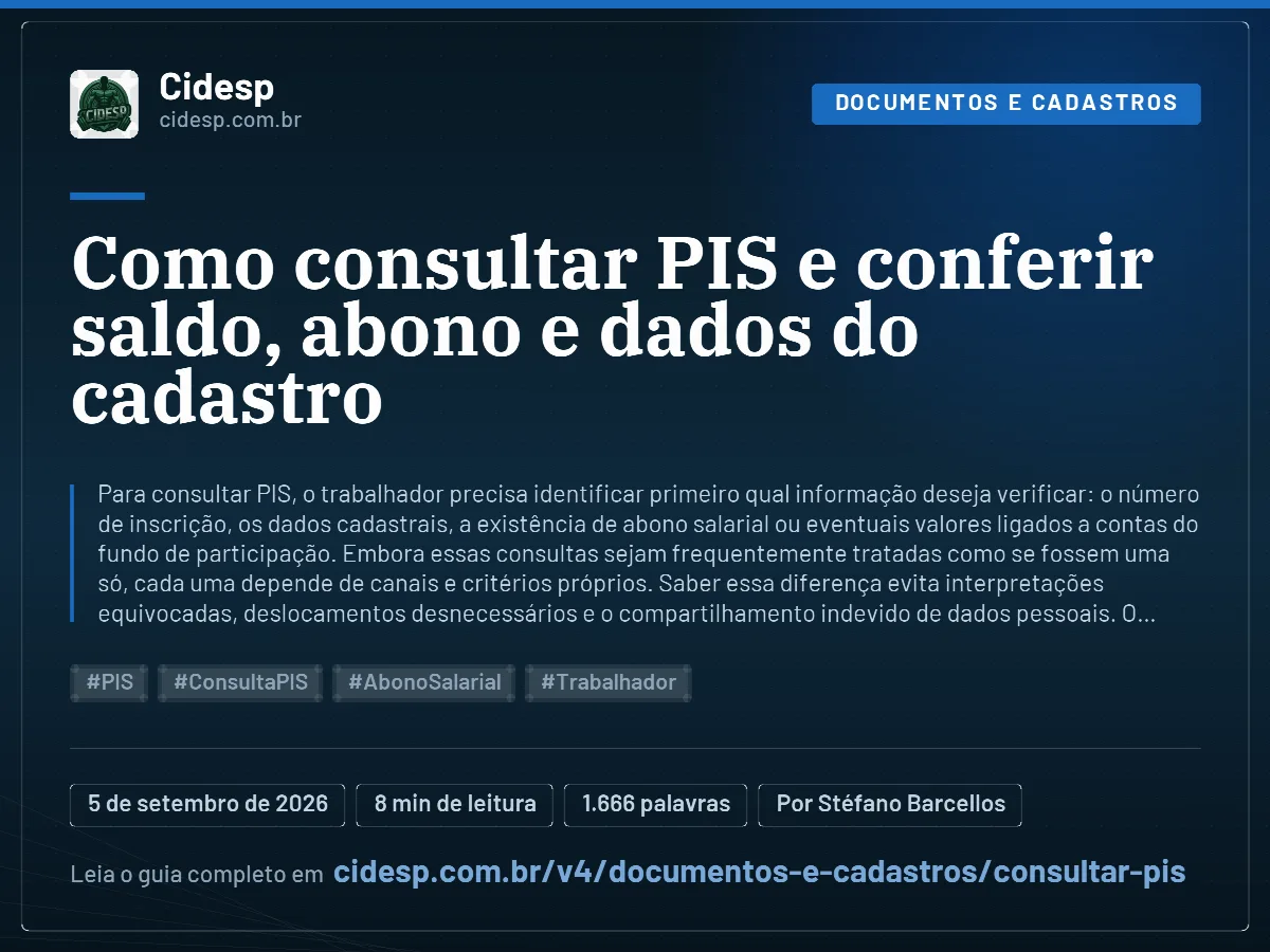 Cartão do artigo “Como consultar PIS e conferir saldo, abono e dados do cadastro”, com resumo, data de publicação e endereço da página.