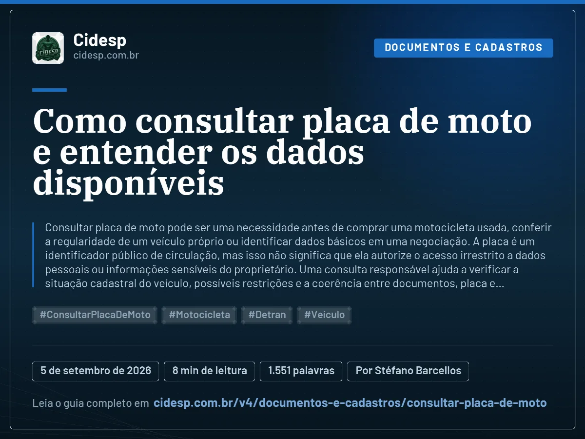 Cartão do artigo “Como consultar placa de moto e entender os dados disponíveis”, com resumo, data de publicação e endereço da página.